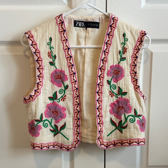 Zara Tops - Zara Cream Vest with Pink and Green floral Embroidery